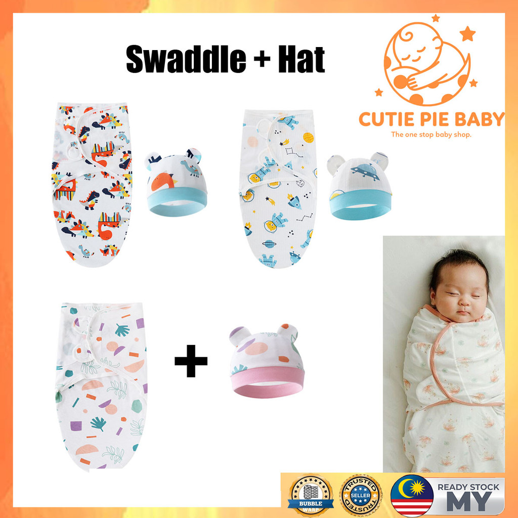 2pcs Set Baby Swaddle with Hat Newborn Baby Wrap Bedung Bayi