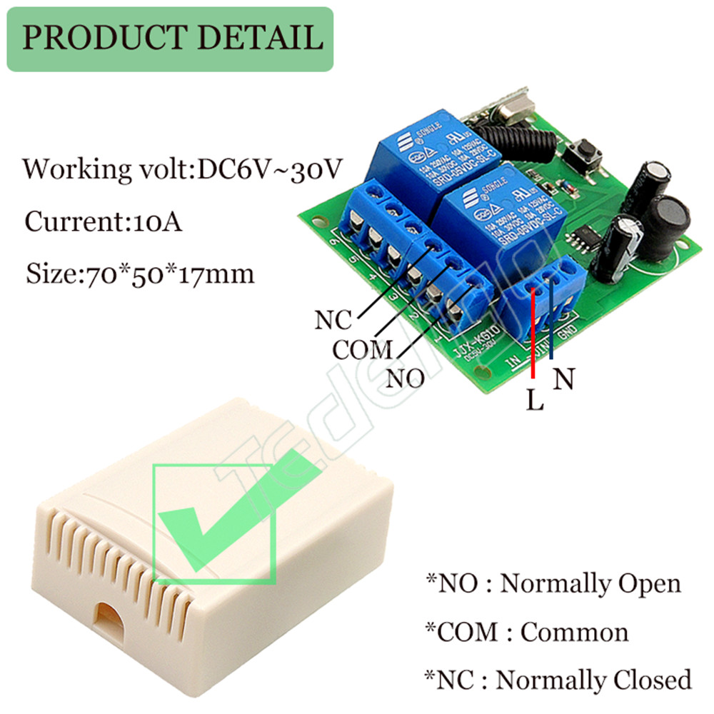 433Mhz Remote Control Switch DC 6V 12V 24V 30V 2Channel RF Relay ...