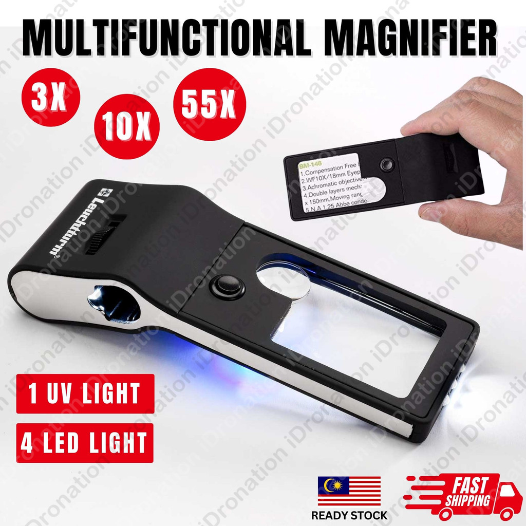 3X 10X 55X Multifunction Magnifier Glass Loupe Magnifying Glass 4 LED ...