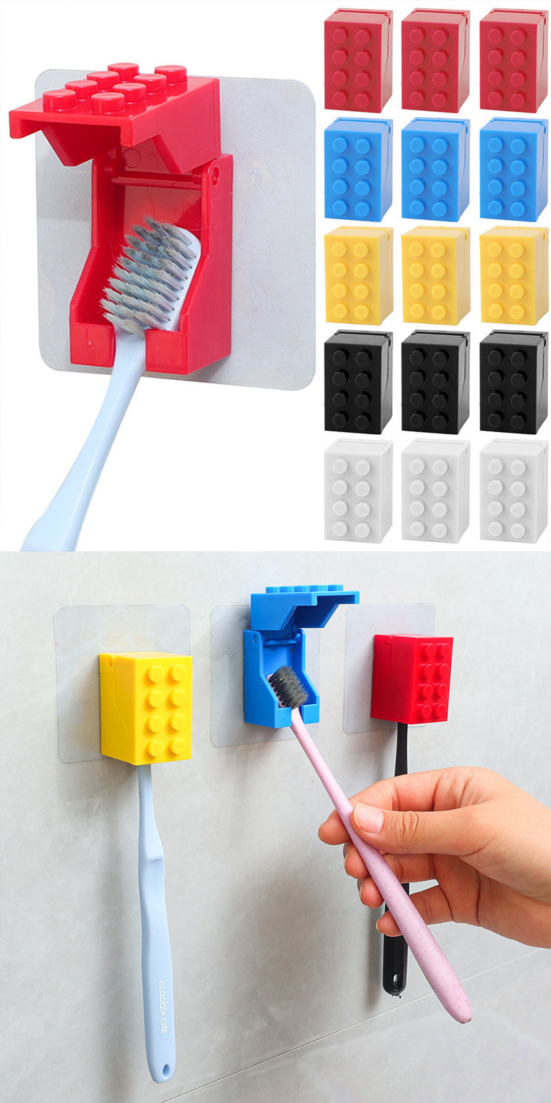 1/2/3PCS Wall Mounted Toothbrush Holder - Colorful Bricks, Self ...