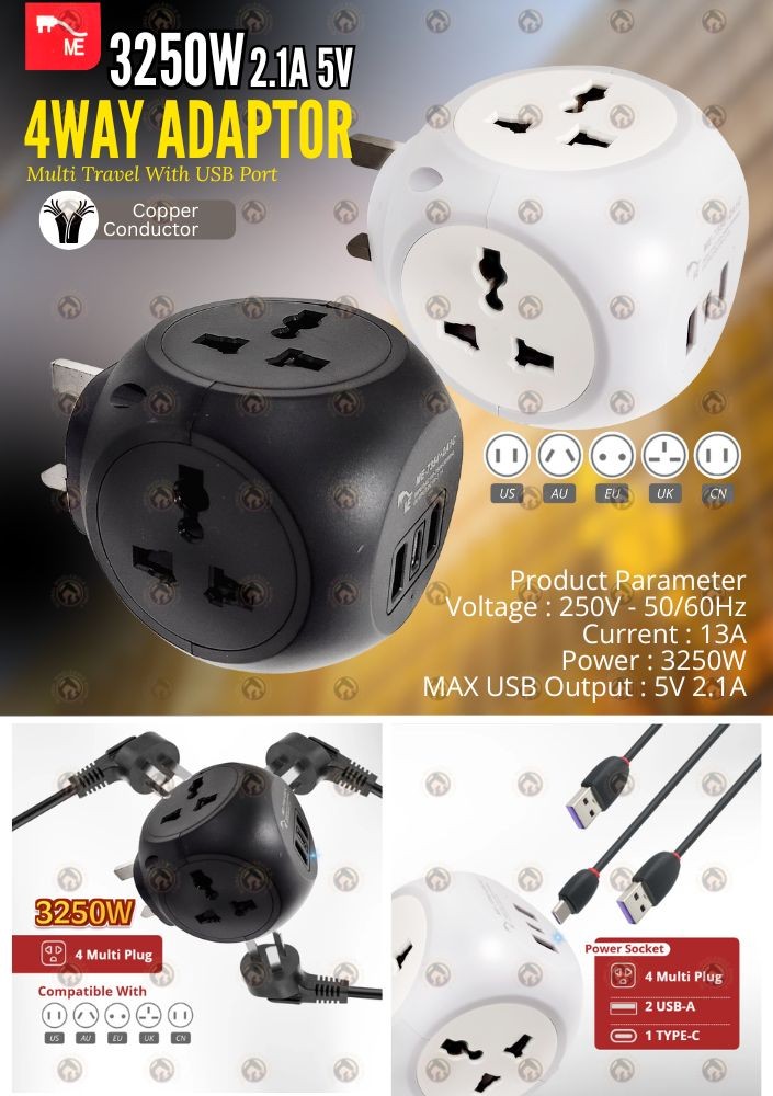 4Way Adapter Universal Socket Power Socket Extension Adapter Type C ...