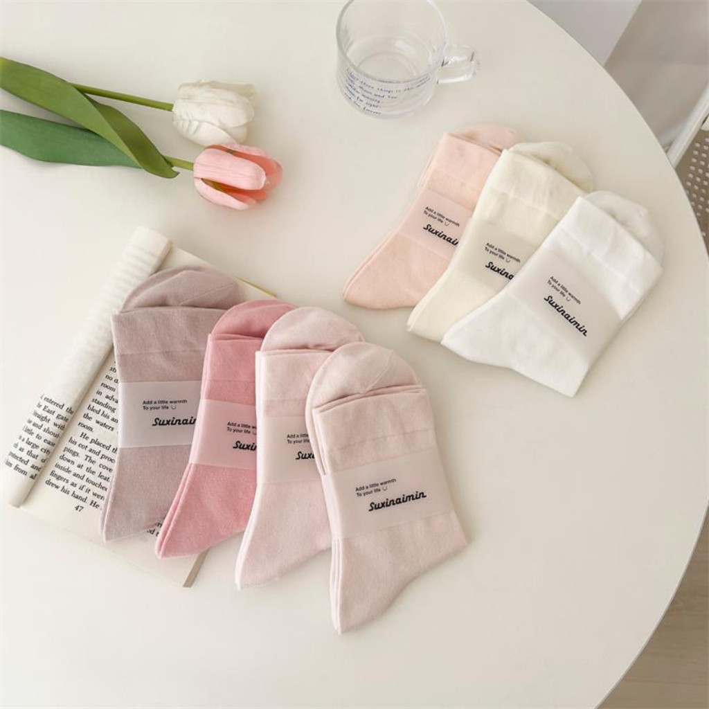 Quality Korean Style Mid Tube Plain Color Cotton Crew Socks Candy Color ...