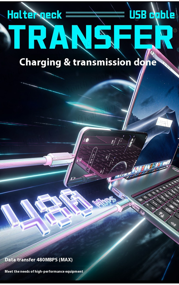 2 In 1 Lanyard PD65W Nylon Weave Neck Hanging Fast Charging Typec to