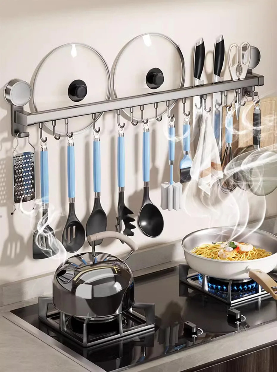 Aluminum Wall Mounted Kitchen Rack No Drill Space Saving Utensil Spice ...