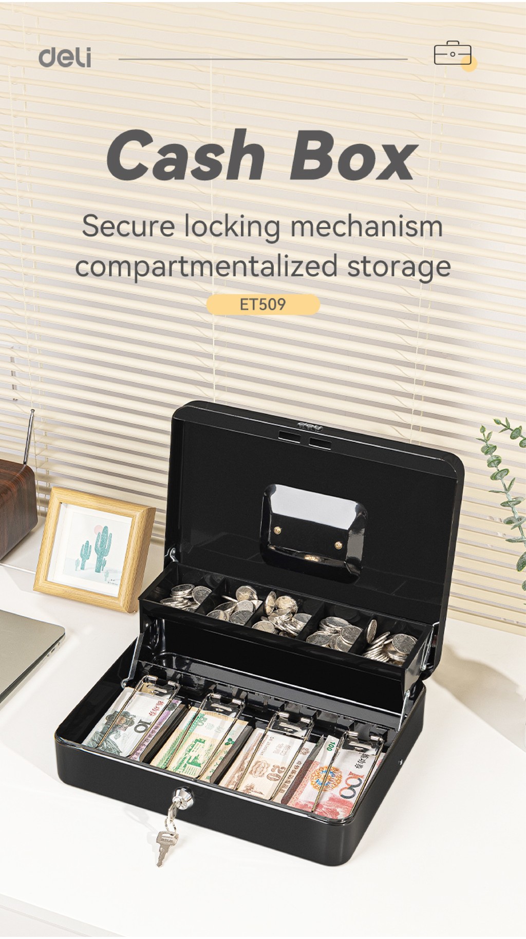 Deli Petty Cash Box Safety Security Money Jewelry Box Key Lock Tray ...