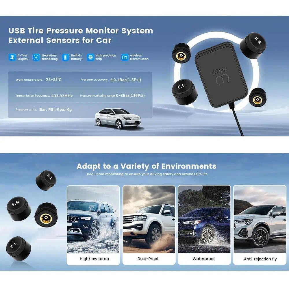 USB Android Car TPMS Wireless Transmission Tire Pressure Monitoring