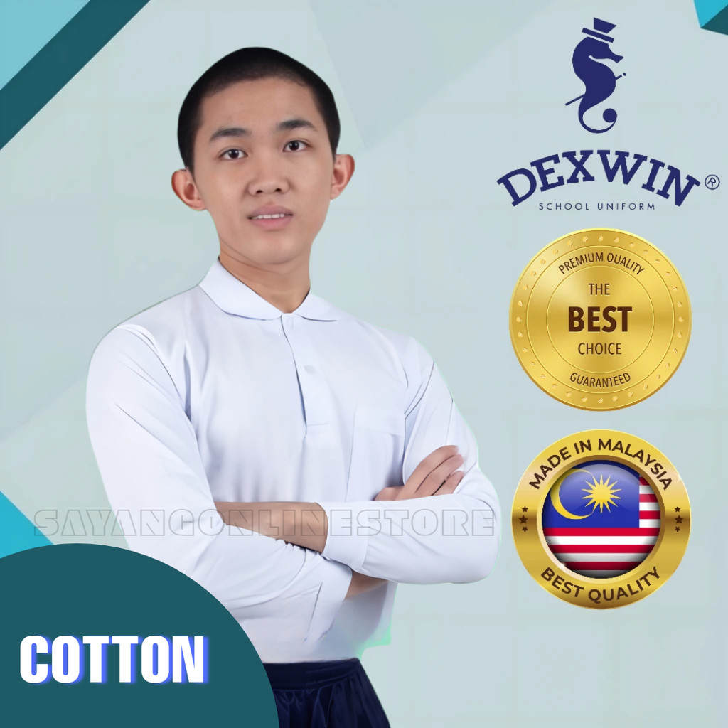 Dexwin T-Shirt Putih Berkolar Lengan Panjang Sukan Kain Cotton Sekolah ...