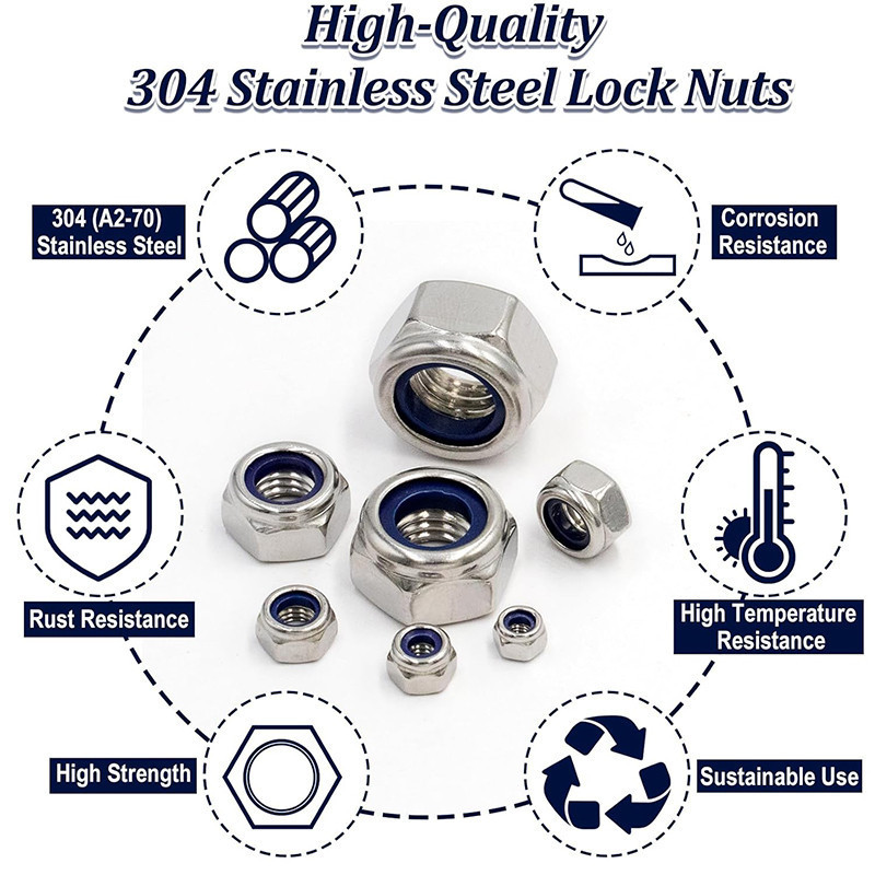 175PCS Lock Nut Stainless Steel 304 Hex Nylon Locking Nut Kit M3 M4 M5 ...