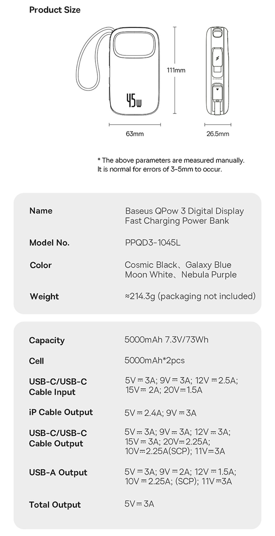 Baseus QPow3 Powerbank 45 W 20000 MAh With 2 Integrated USB-C Cable, Power Bank PD3.0 QC4.0, 3 3C 1 A, External Mobile Phone Batteries For IPhone 16/15/14 Pro Max, IPad, Samsung, White
