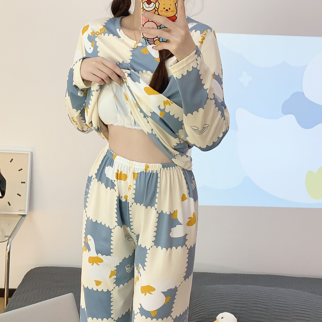Women's Pajamas Women's Long-Sleeved Pajamas with Chest Pad plus and ...