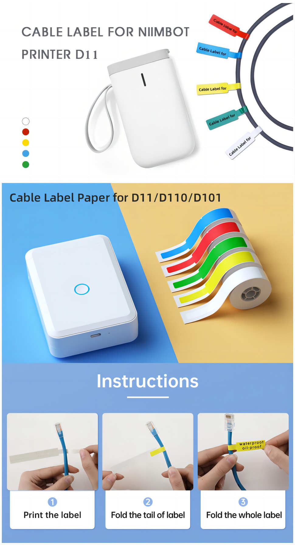【3 Rolls】NIIMBOT D11/D110/D101 Cable network cable thermal label ...