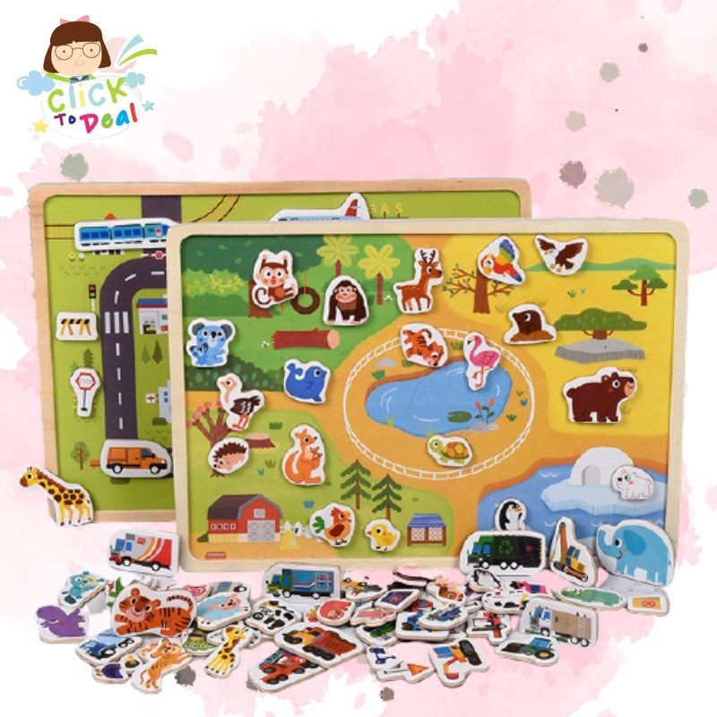 Wooden Magnetic Puzzle Animal and Traffic Vehicle Game Children Baby ...
