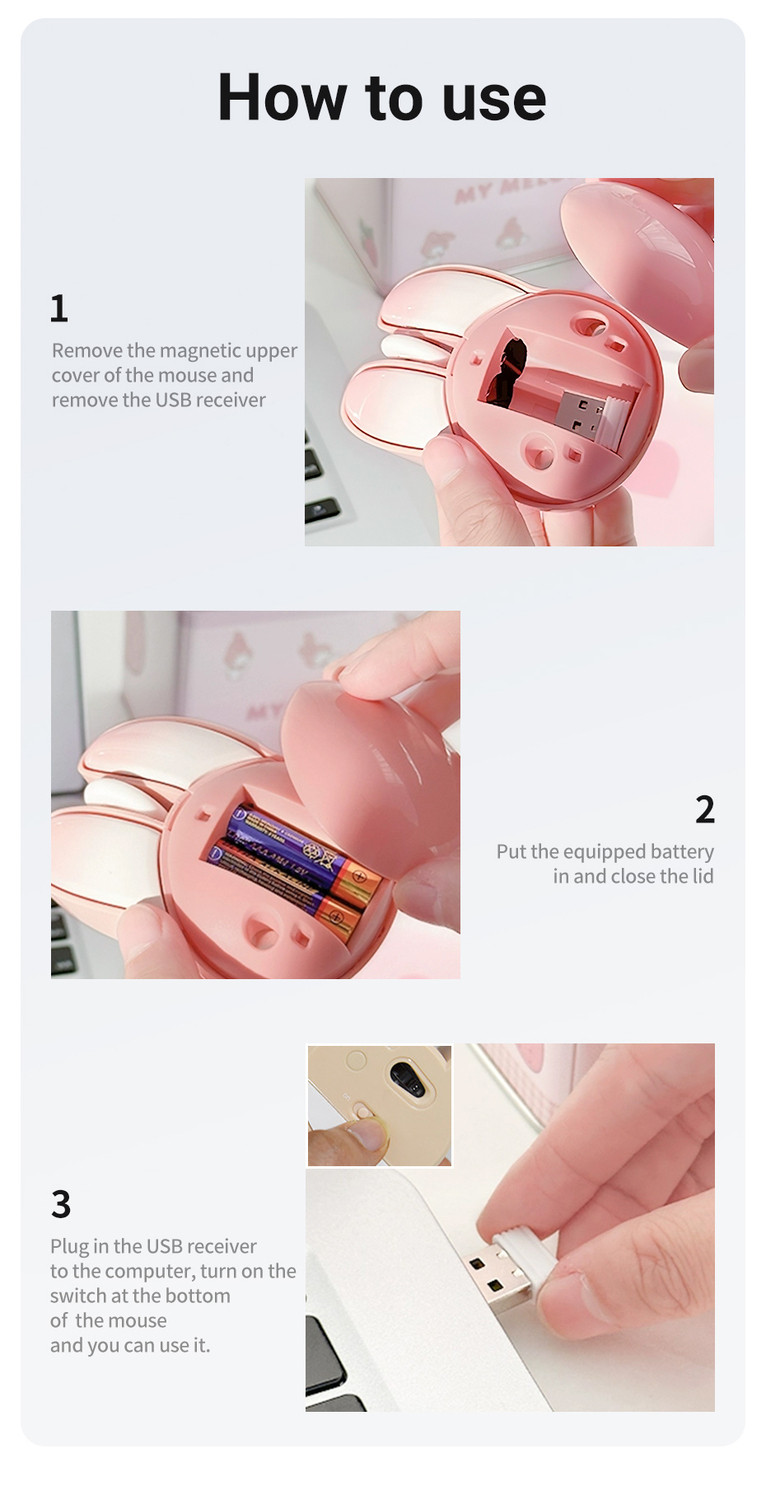 2.4G Cute Rabbit Wireless Mouse Bluetooth Mouse Ultra thin Mice Battery ...