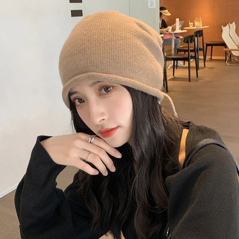 Women Drawstring Stacked Knitted Hat - Autumn Winter Cold-resistant ...