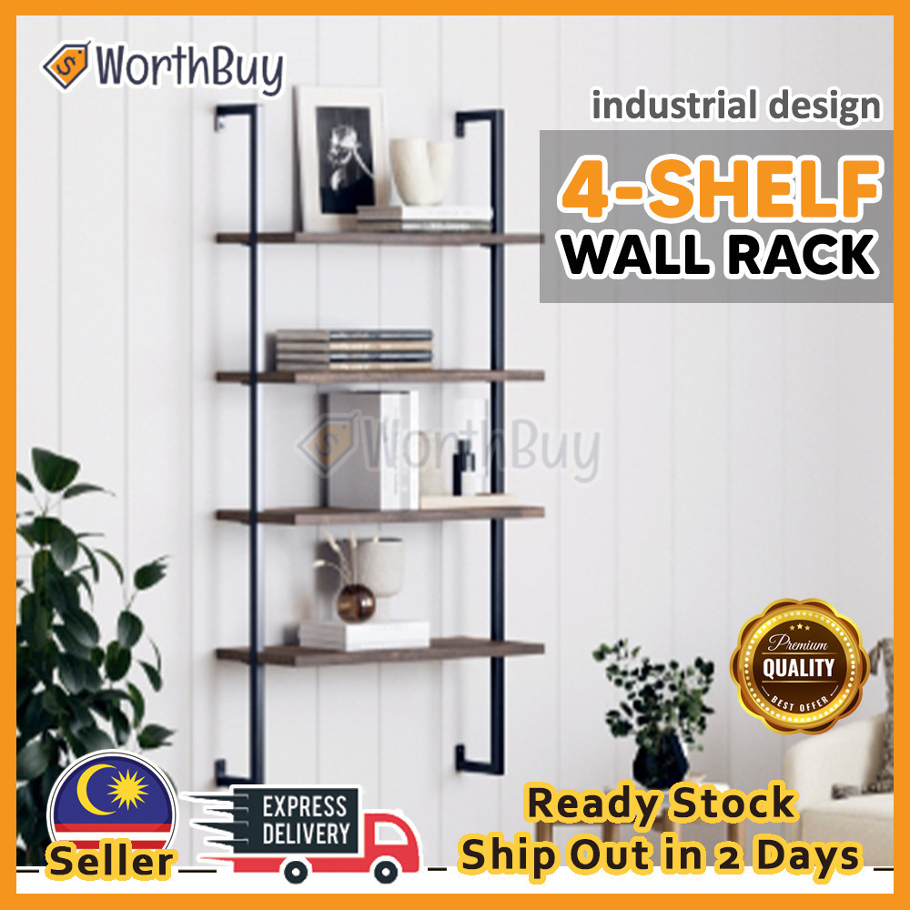 Worthbuy 4 Tier Wall Mounted Book Shelf Rak Buku Tingkat Rak Dinding ...