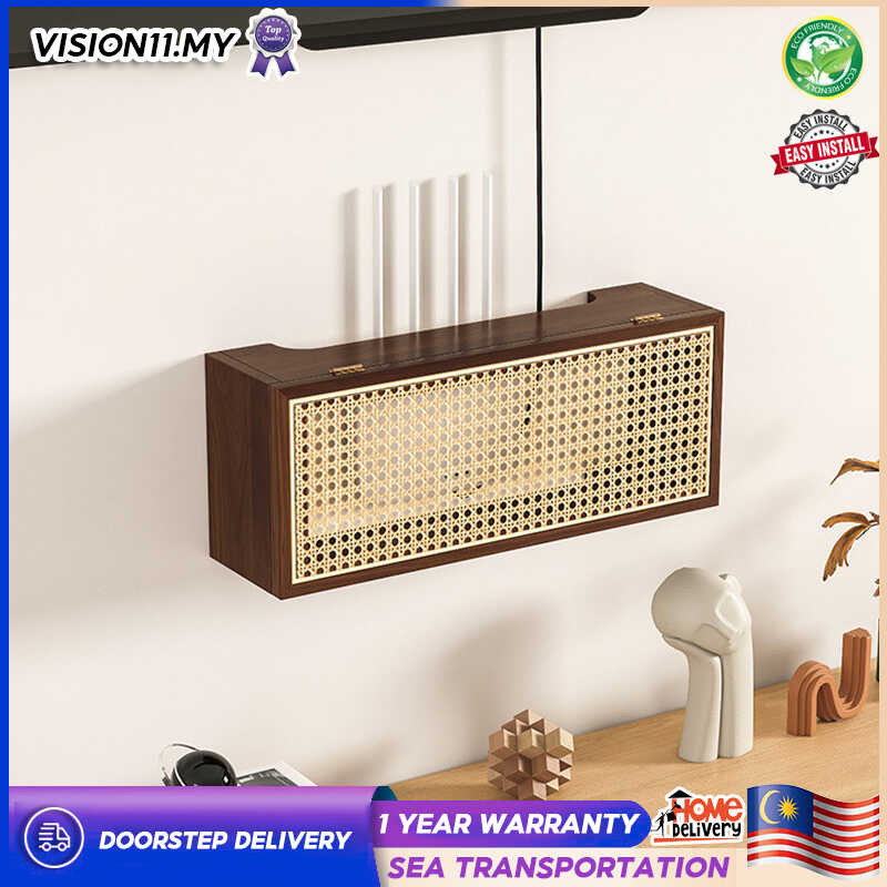 VISION Vintage Solid Wood Rattan Hidden Wireless Router Modem Storage ...