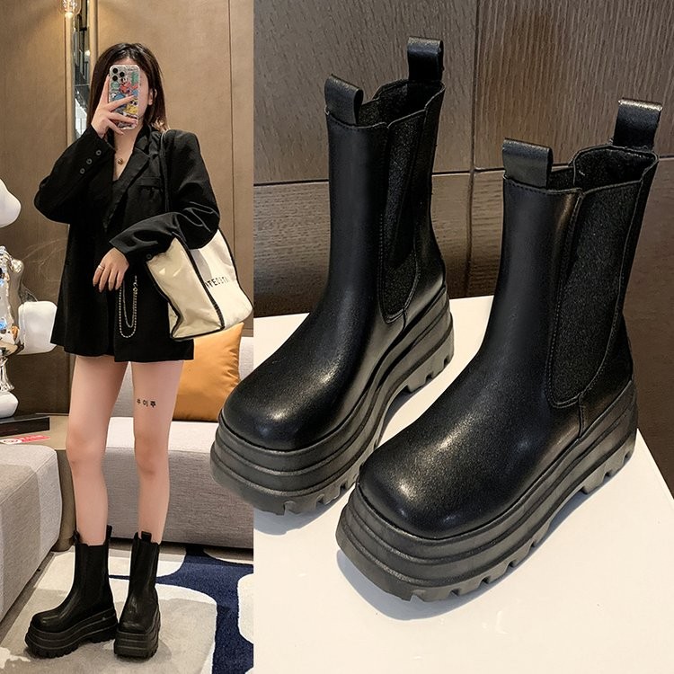 Thick Bottom High-Heel Boots Women Round Toe Platform Knight Boots ...