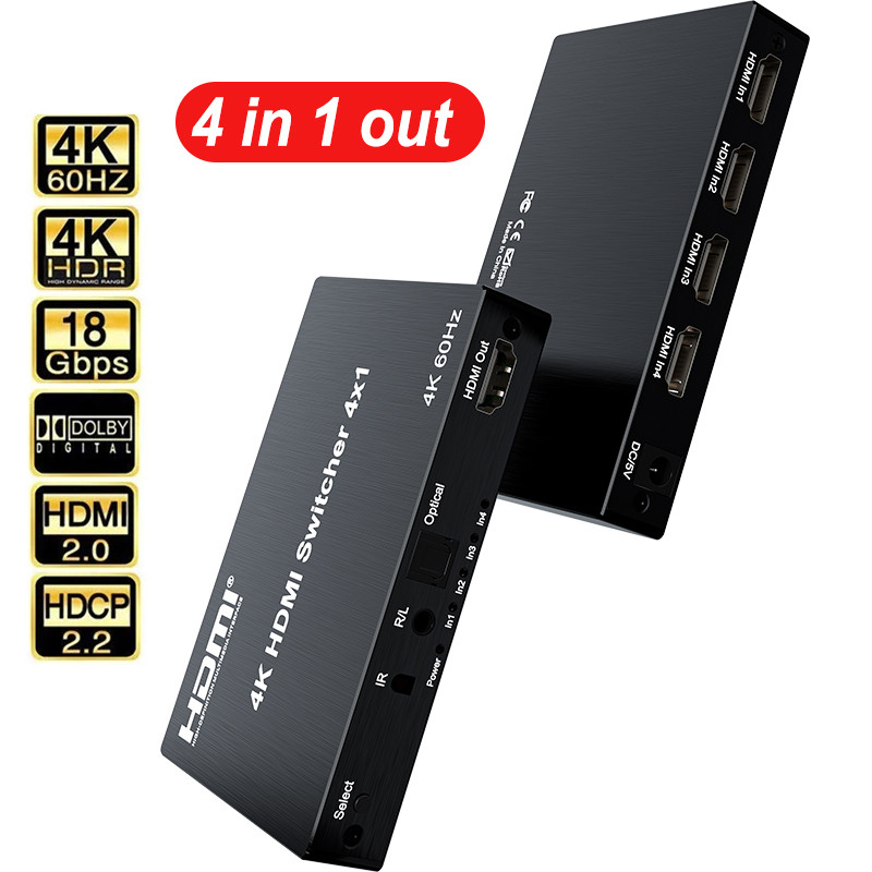 HDMI2.0 4K 60hz HDMI Switch 4x1 Video Converter 4 In 1 Out Fit 3.5mm