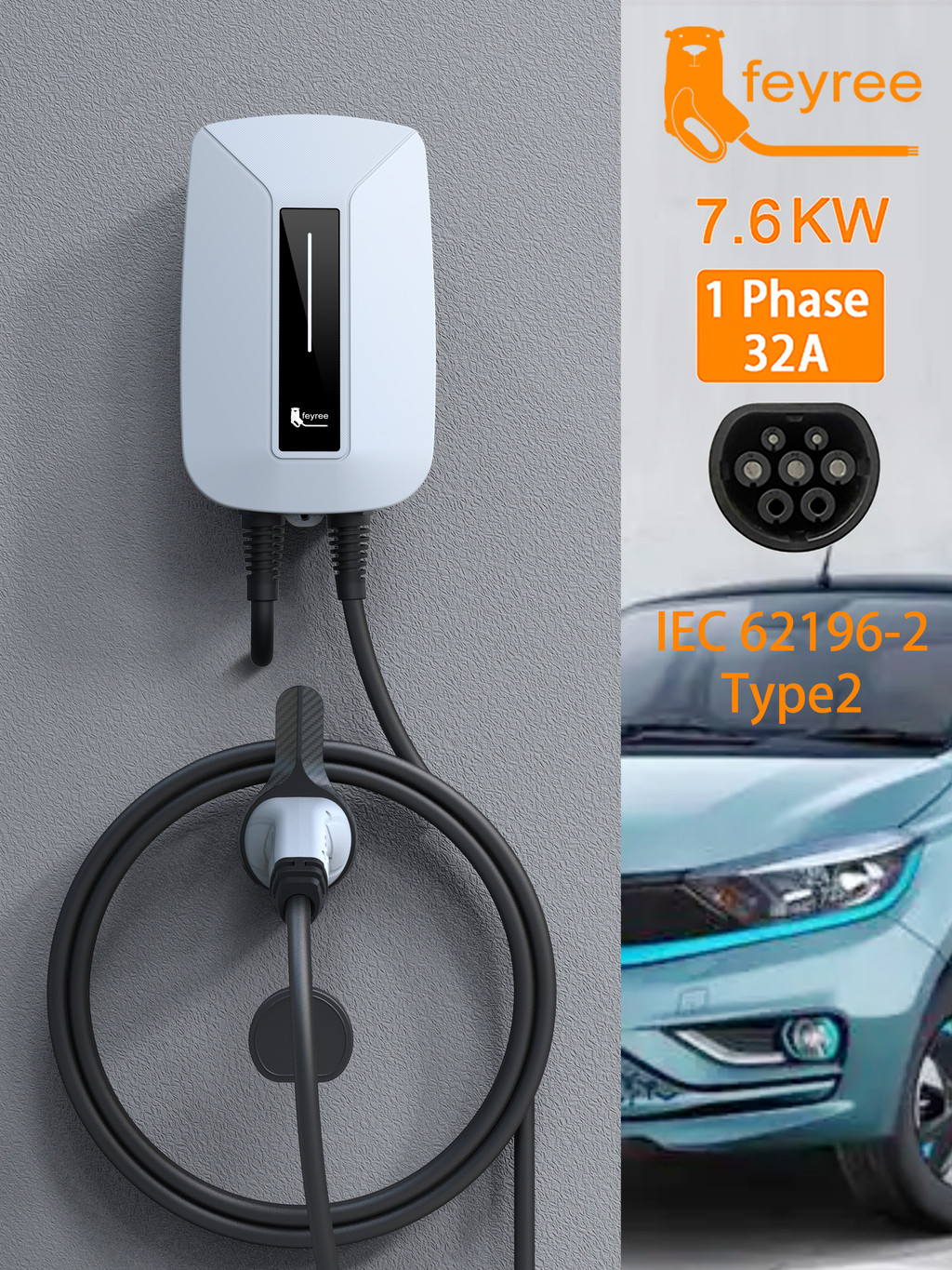 feyree EV Charger Type2 Plug EVSE Wallbox 32A 7KW IEC62196-2 Socket 1 ...