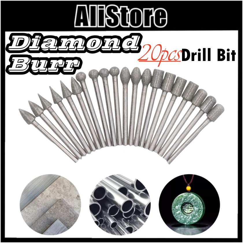 ALi Grit 80 Diamond Burr Set Drill Bits 20Pcs/Set For Dremel Rotary ...