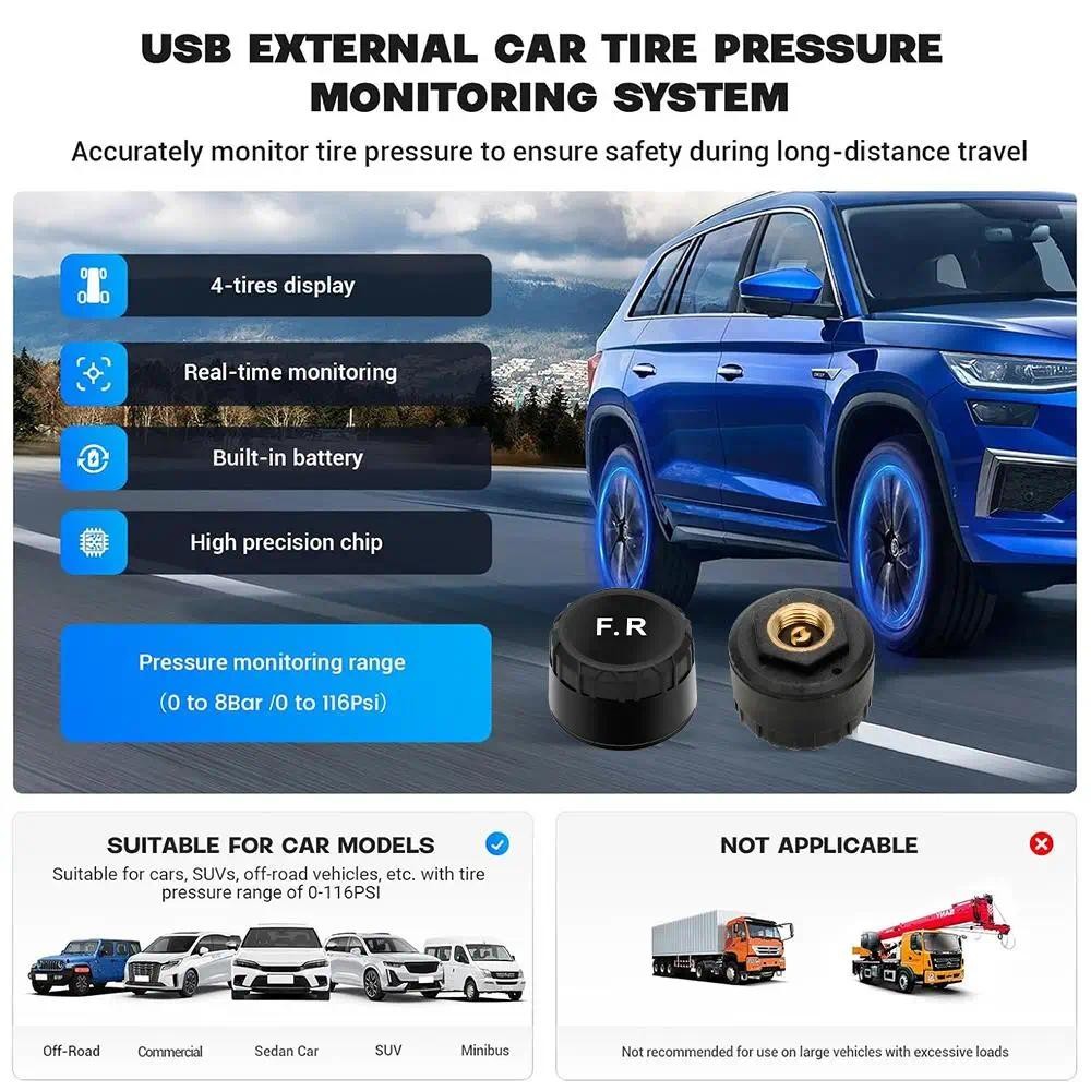 USB Android Car TPMS Wireless Transmission Tire Pressure Monitoring