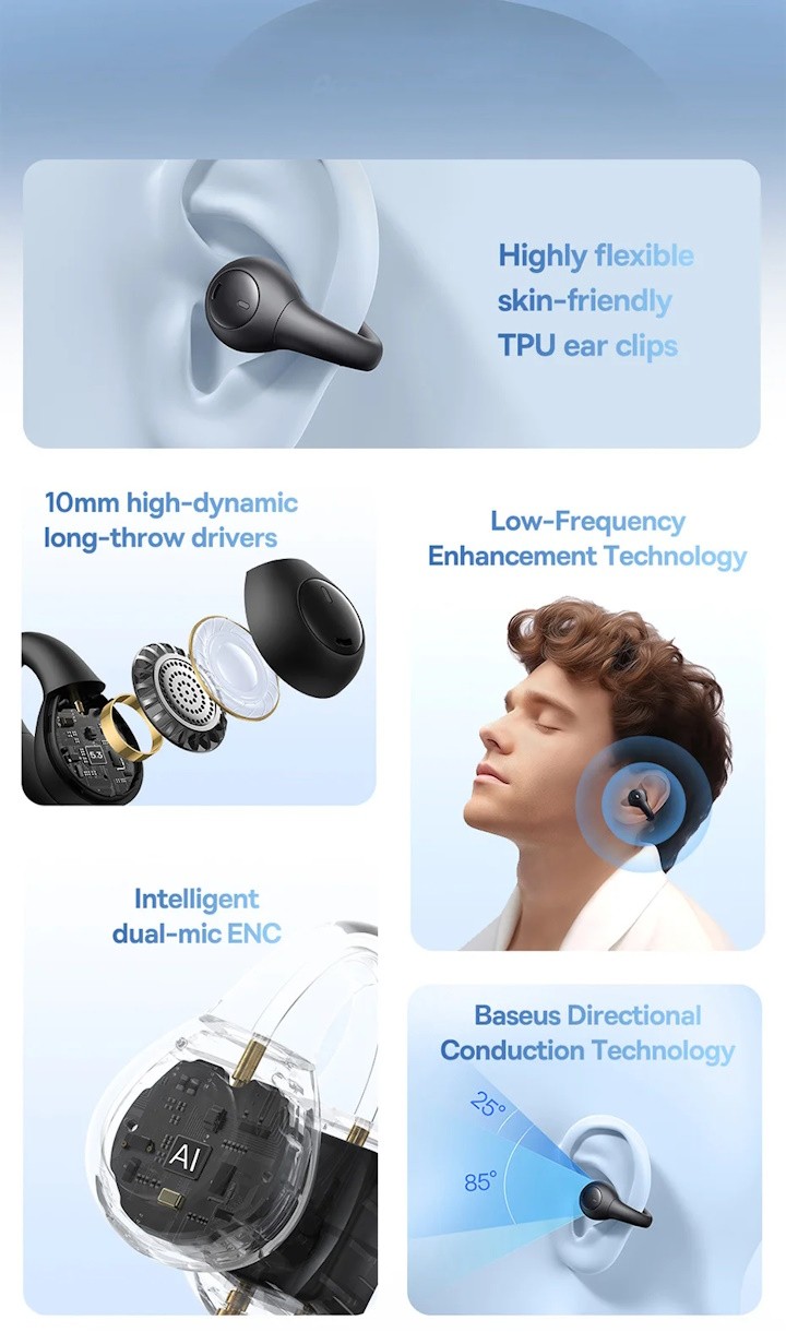 Baseus Original TWS AirGo AS01 Wireless Earclip Earphones Bluetooth 5.3