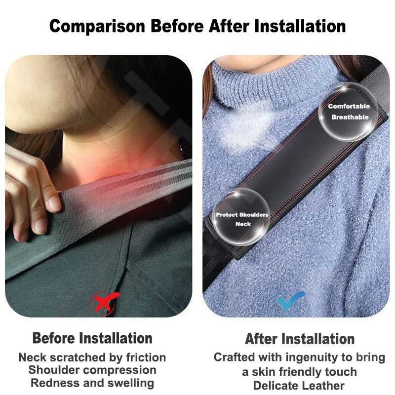 2Pcs Safety Belt Shoulder Pad - Breathable Leather Cover With Cushion, Universal Fit For Car, Truck, SUV (Black)