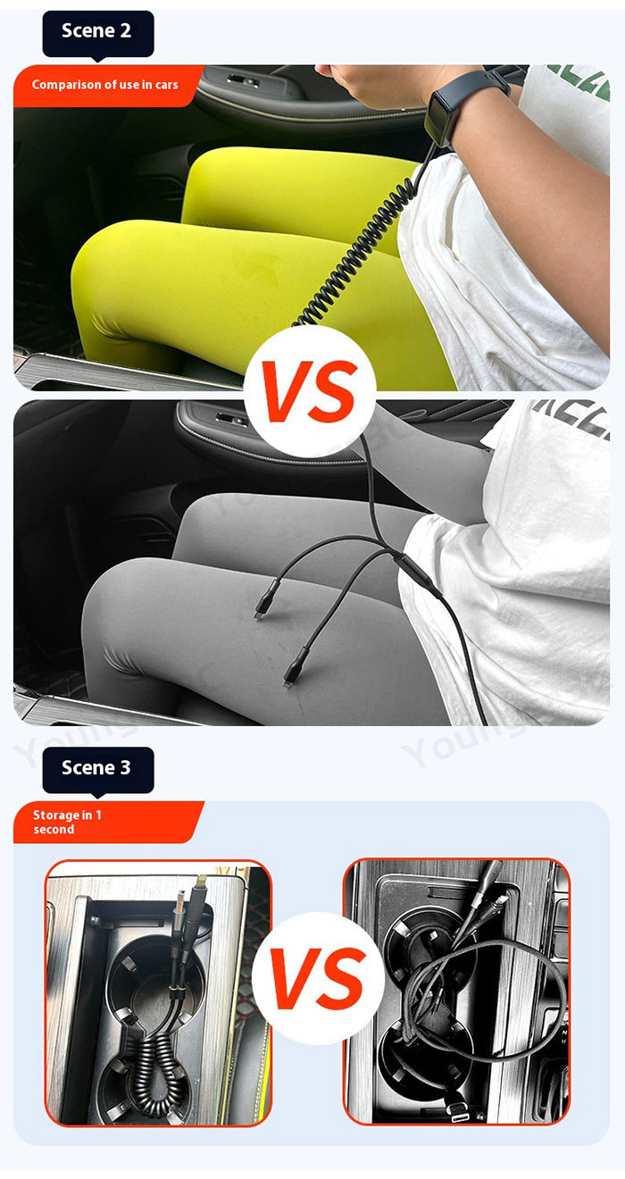PD60W fast charging 4 in 1 car charger Spring telescopic data cable for ...