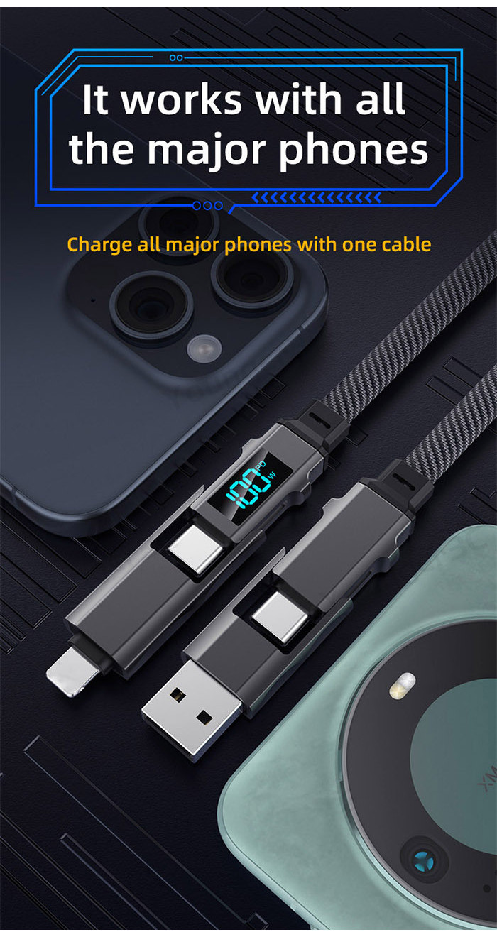 4 in 1 nylon weave usb to type c cable with LED digital display 100W