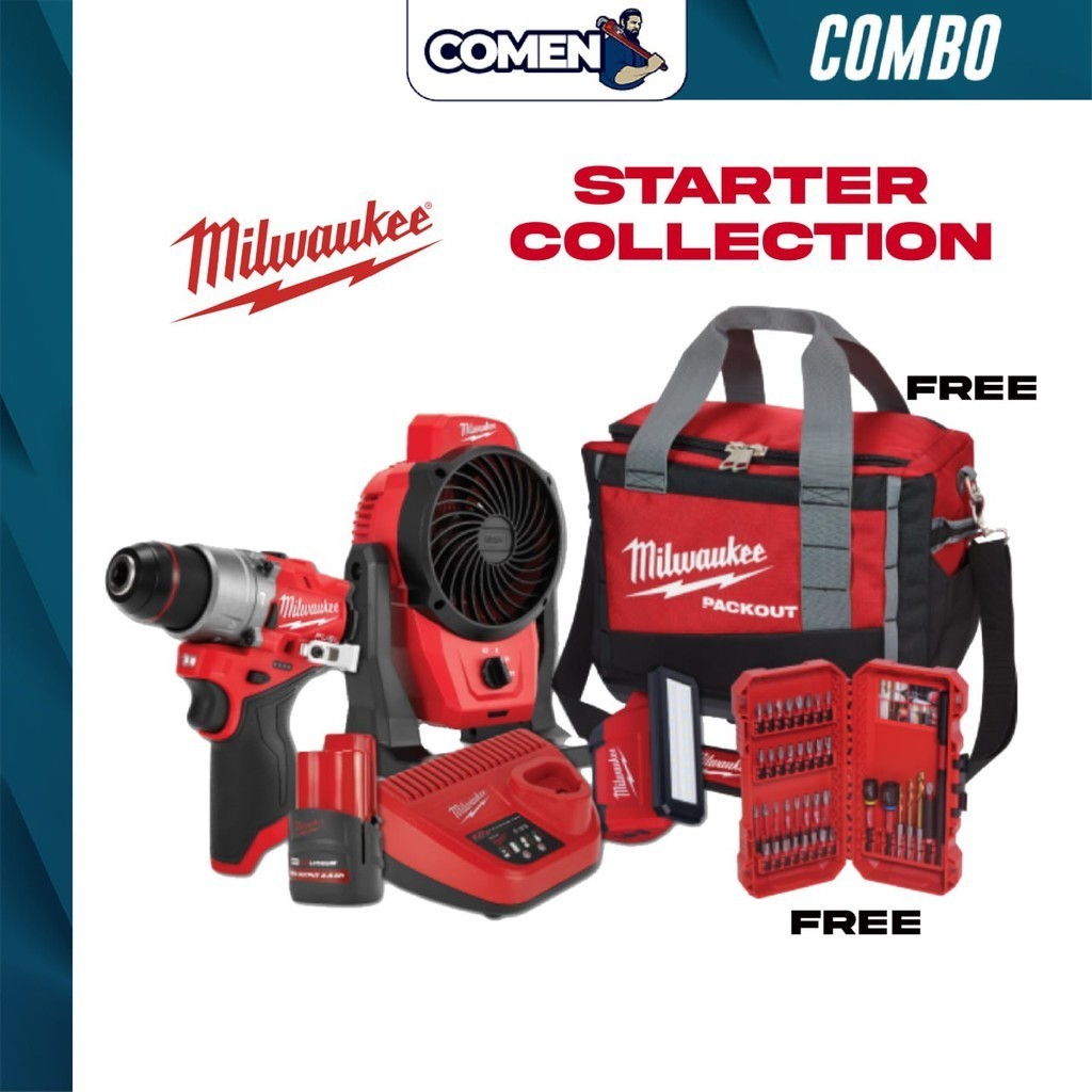 MILWAUKEE M12 Starter Collection Mega Combo Percussion Drill Air Fan Lumens Pivot Area Light Combo Set Free Gift
