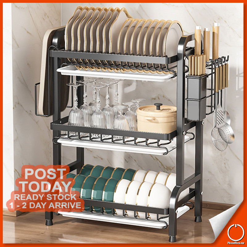 𝐐𝐔𝐈𝐂𝐊 𝐃𝐑𝐘𝐈𝐍𝐆 Multi Layer Dish Drainer Rack Utensil Cutlery Cutting ...