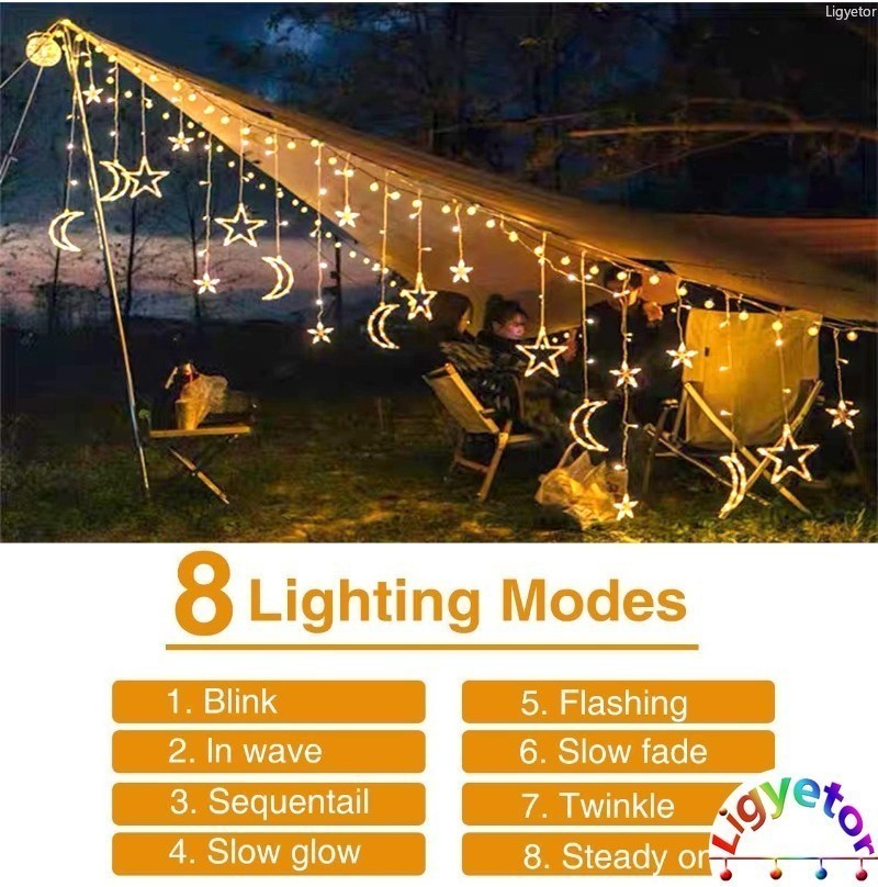 Ligyetor Lampu Raya Solar Curtain Lights Star Moon String Light LED ...