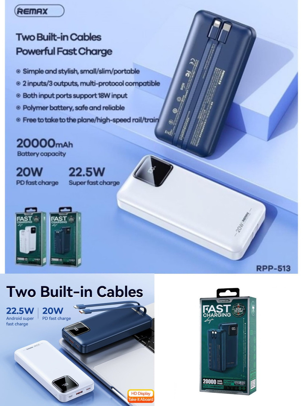 REMX RPP-513 SUJI SERIES 20W+22.5W FAST CHARGE POWER BANK 20K (WITH ...