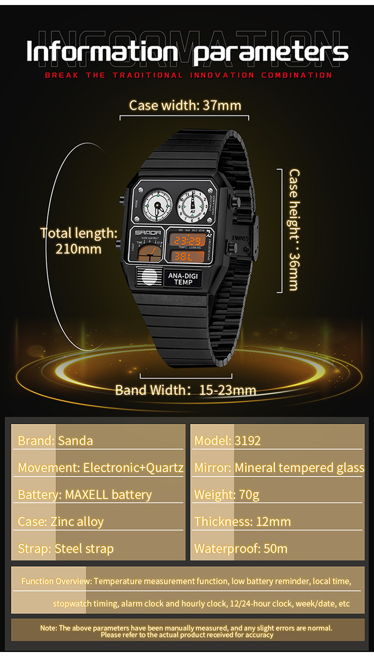 Sanda Retro Trendy Punk Dual Display Luminous Waterproof