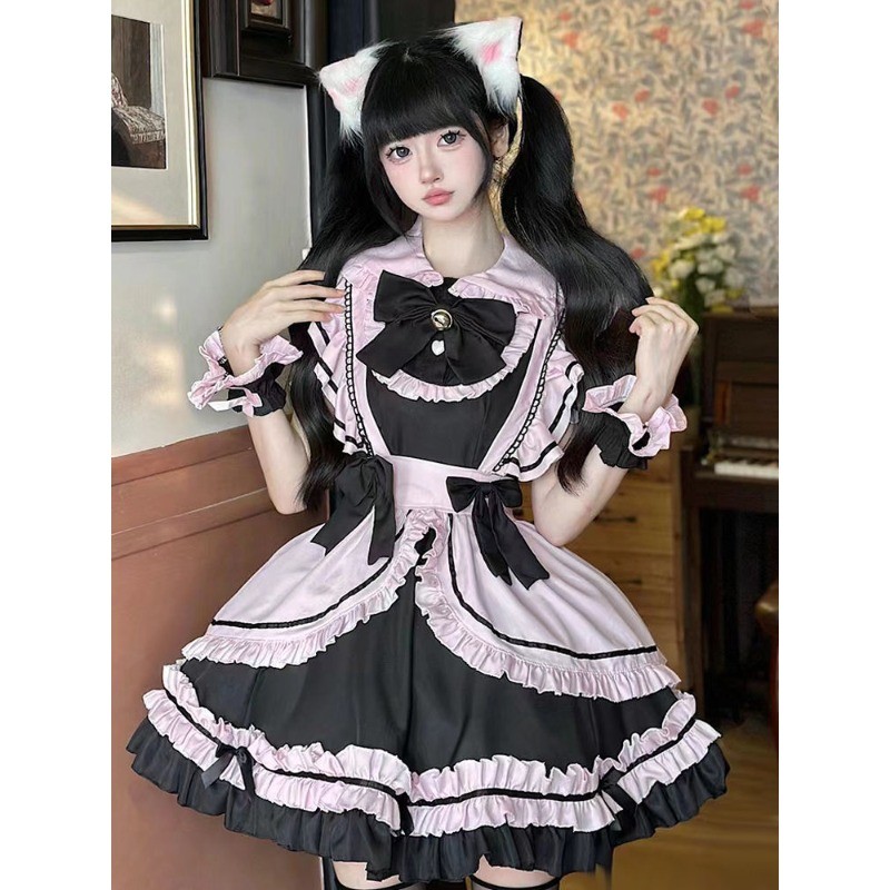Summer Women's Cute Sweet Cat Maid Dress Black Pink Cosplay Lolita ...