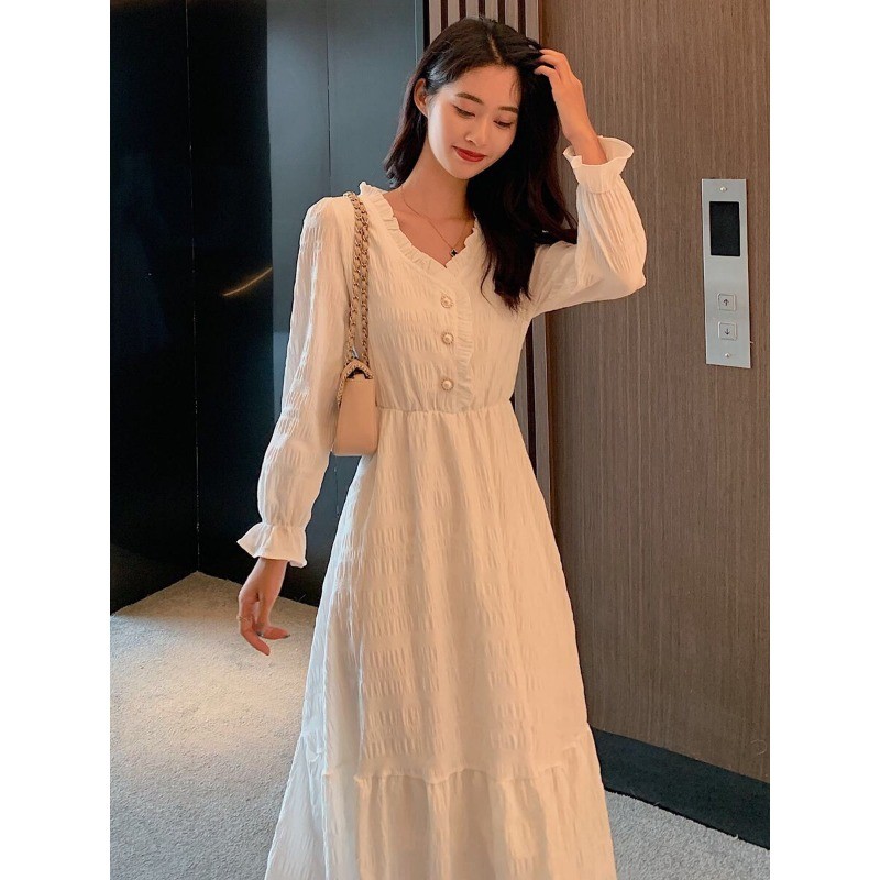 Spring Autumn French Retro Sweet V neck Dress Women s Waist Slimming 