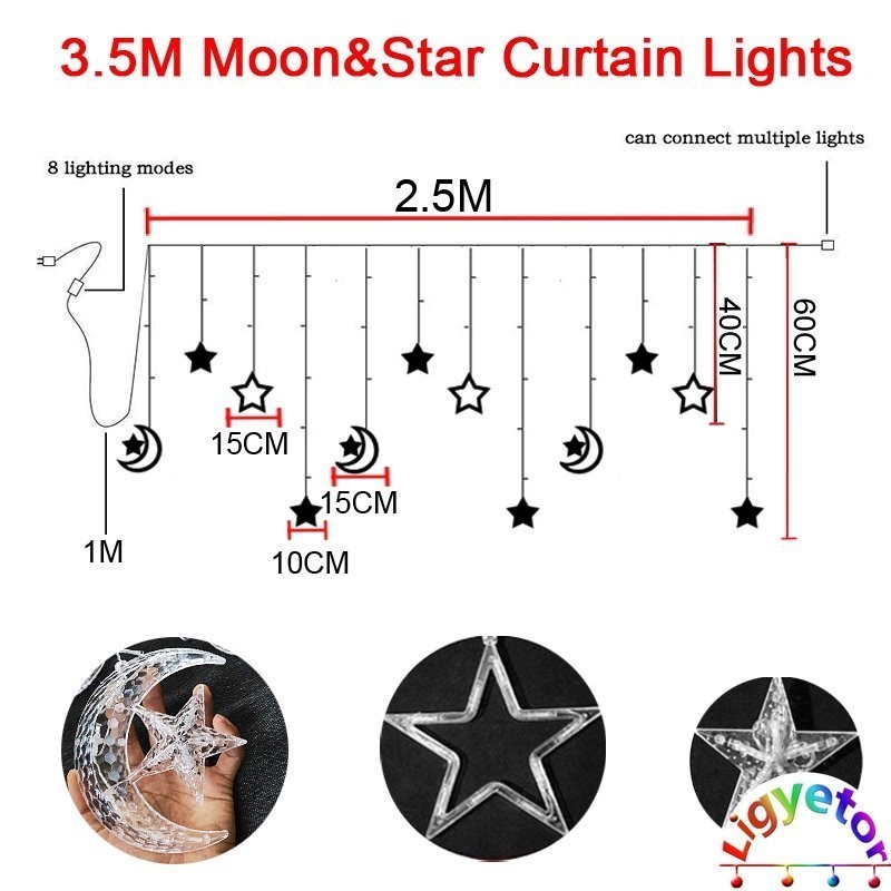 Ligyetor Raya LED Moon Star Fairy String Lights Curtain Lights for ...