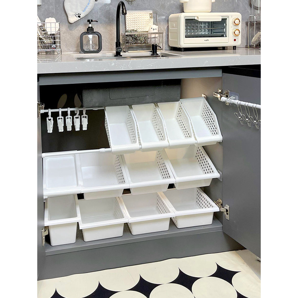 Kitchen Retractable Under Sink Storage Rack Cabinet Layered Rack Pot ...