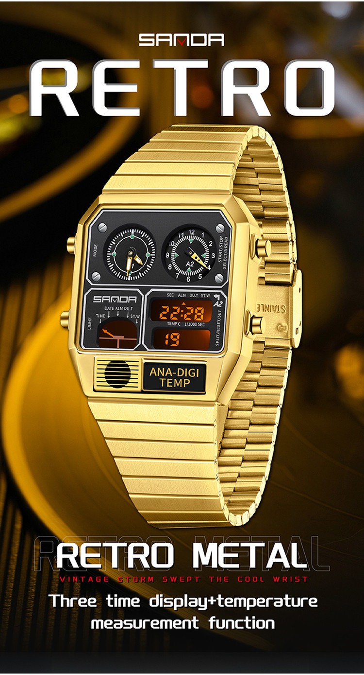 Sanda Retro Trendy Punk Dual Display Luminous Waterproof Electronic ...