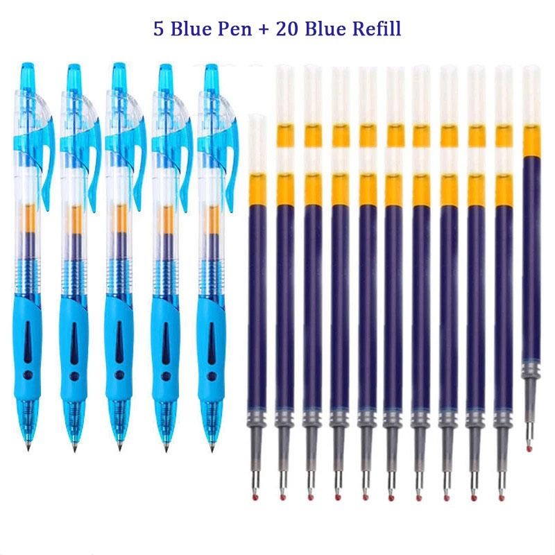 5 Pens +20 Refill Gel Pen Set 0.5mm Retractable Pen Black/Red/Blue Ink ...