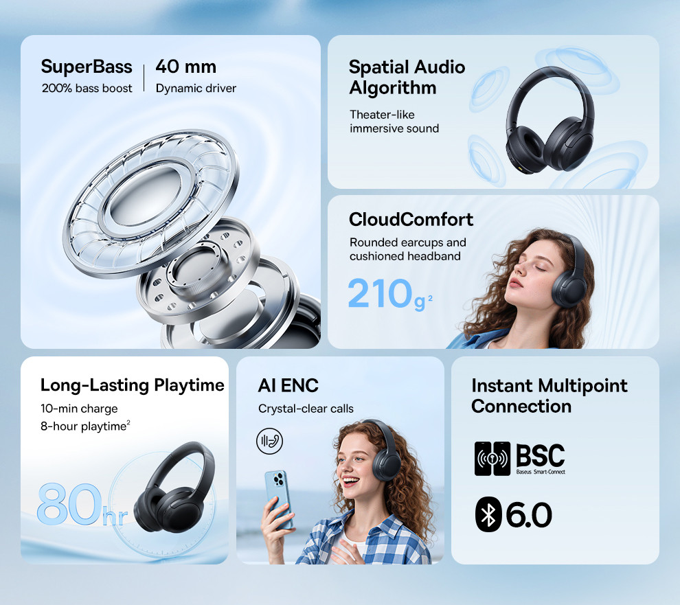 【New Arrivals】Baseus Bass BH1 Lite Wireless Headphones Bluetooth 6.0