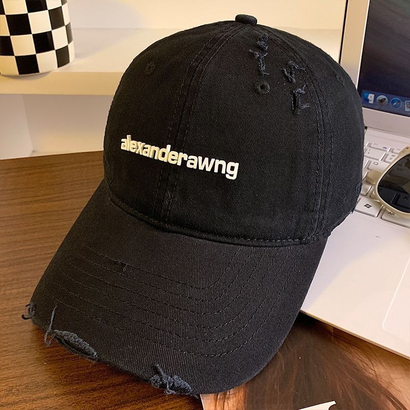 Alexander Wang Beige Letter Baseball Cap For Women With Old Holes Large Head Circumference Small Peaked Hat Wide Brim