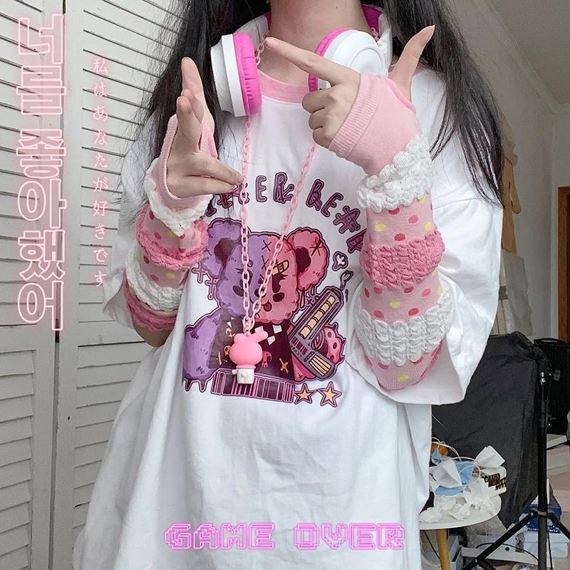 Y2K Punk Lolita Girl Gloves Knitted Arm Sleeve Gothic Angel Sweet ...