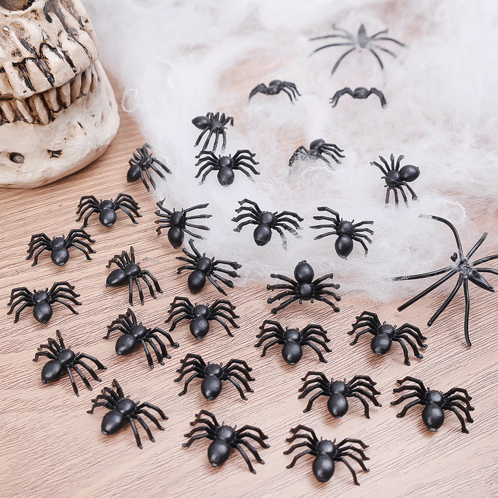 50Pcs Halloween Decoration Small Spiders - Black Plastic Fake Spider ...