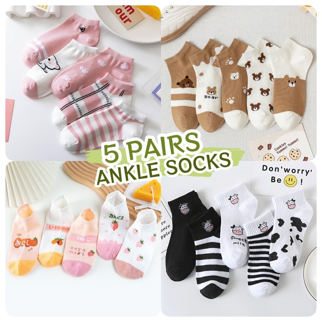 (5 PAIRS/PACK) Girls Cute Embroidery Ankle Socks CartoonWomen Short ...