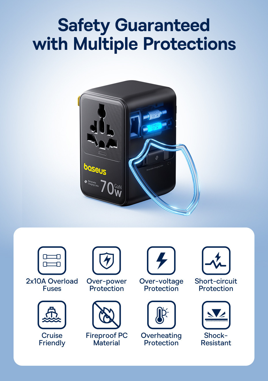 Baseus Universal Travel Adapter Built in 70W Retractable Cable 2AC+2U ...