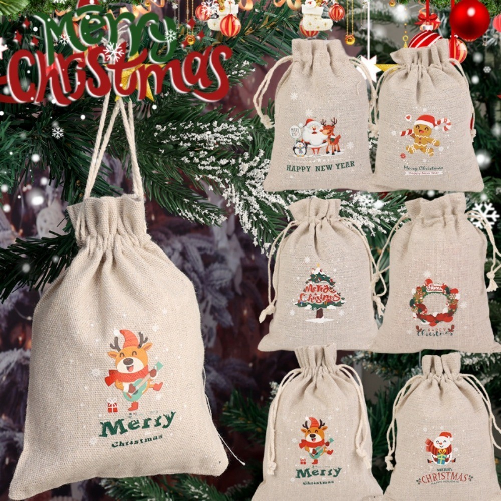 Christmas Drawstring Gift Bag - Xmas Printed Burlap Bag - Xmas Candy ...