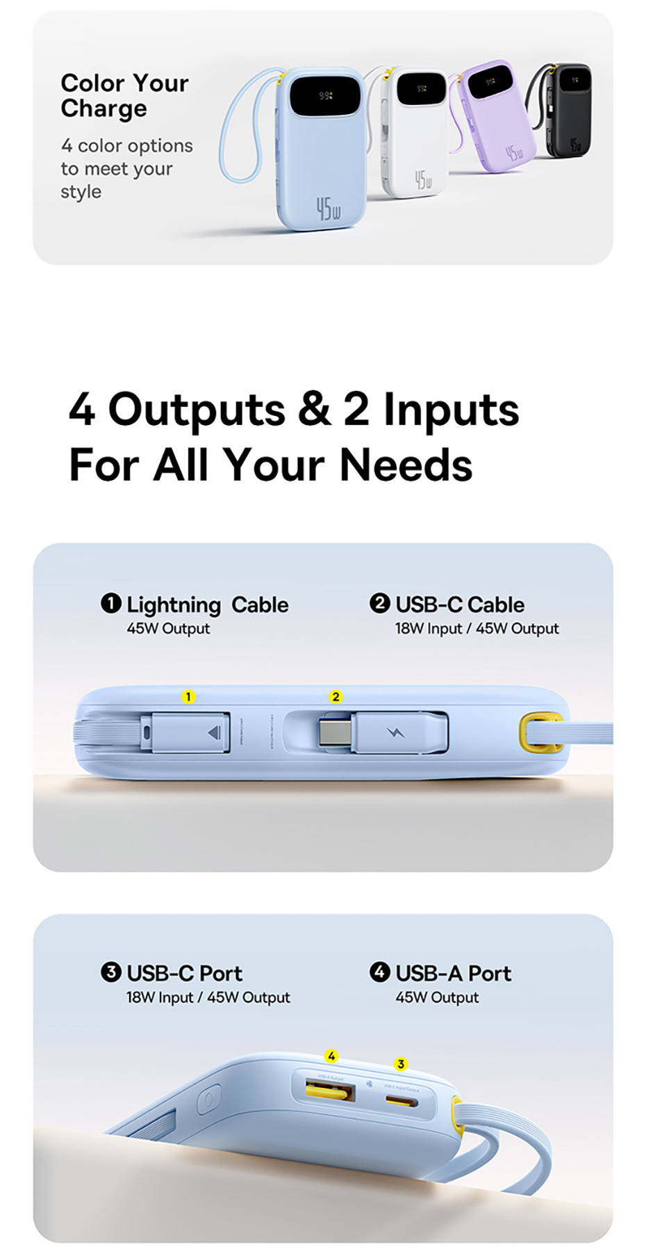 Baseus Picogo Powerbank 10000mAh, Power Bank 45W met Geïntegreerde USB-C Kabel, PD 3.0 QC 4 Externe Batterijen 45W, 2 USB-C en 1 USB-A, voor iPhone 16/15/14 Serie, MacBook, Galaxy S24