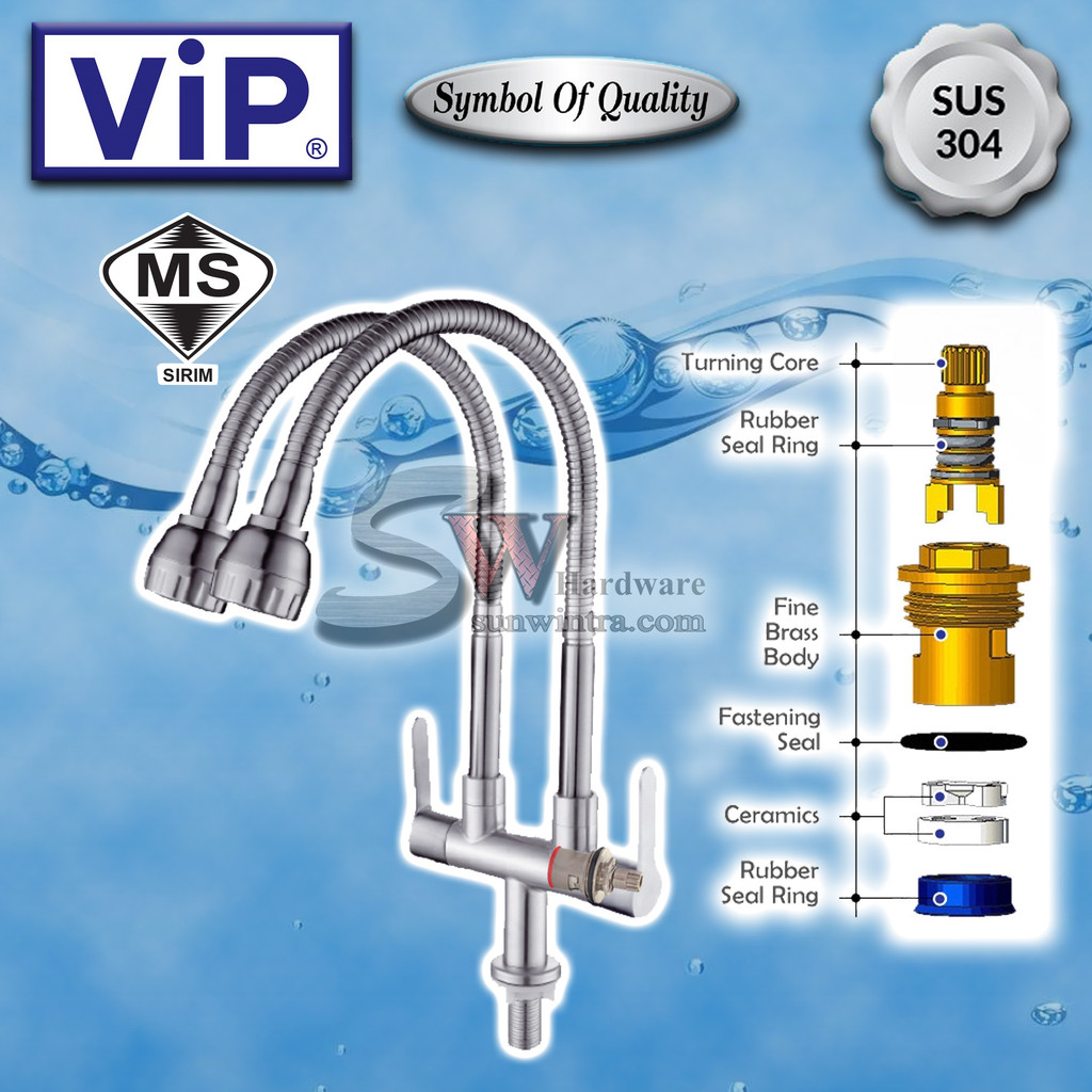 VIP SUS304 STAINLESS STEEL FLEXIBLE DOUBLE PILLAR SINK TAP #SS-3688 ...