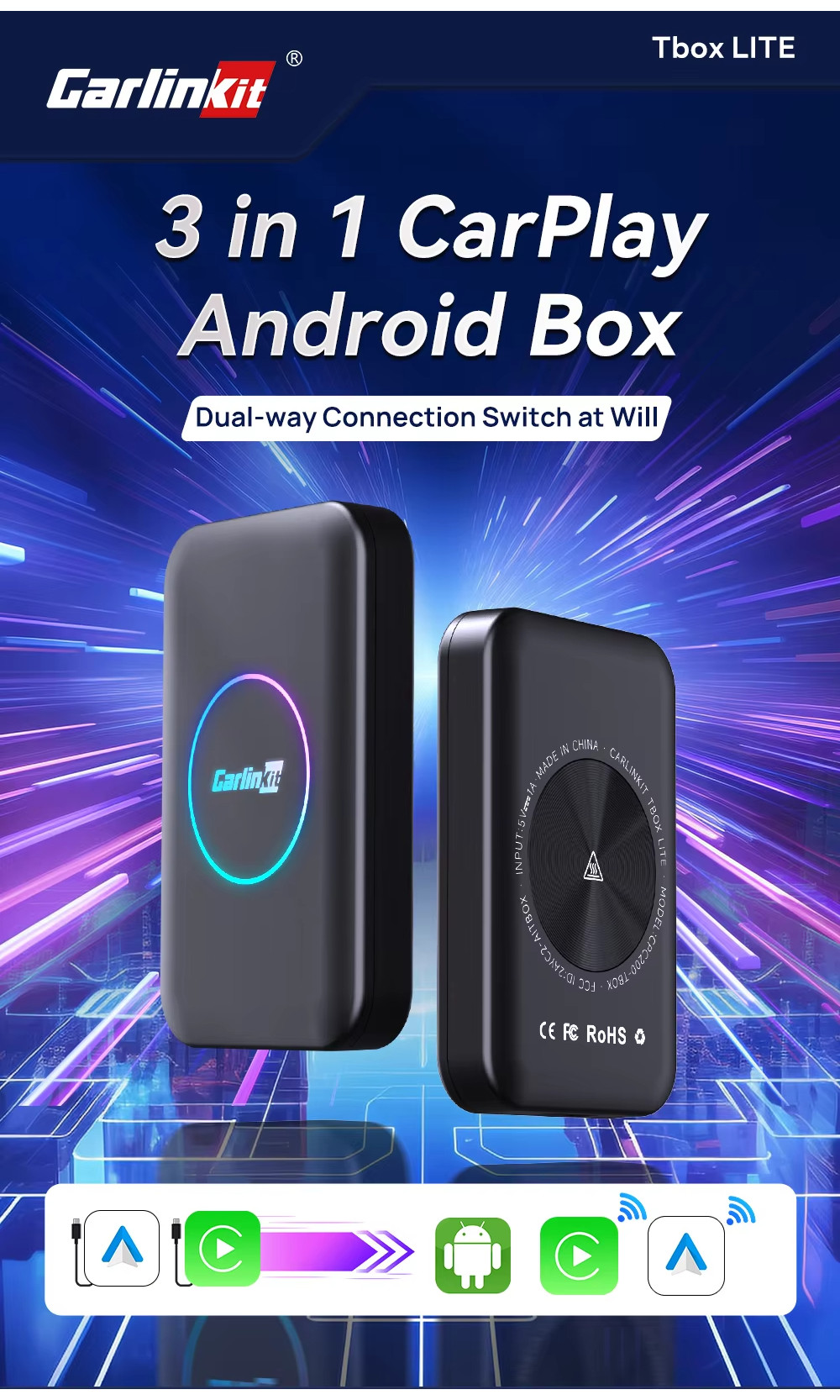 2024 CarlinKit Wireless CarPlay Android Box 3 in 1 Android 10 TV Box